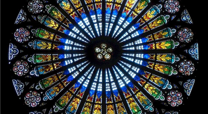 A round, colorful church window