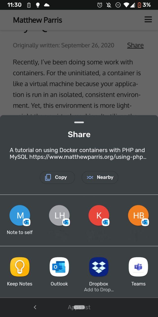The Share API dialog on an Android phone