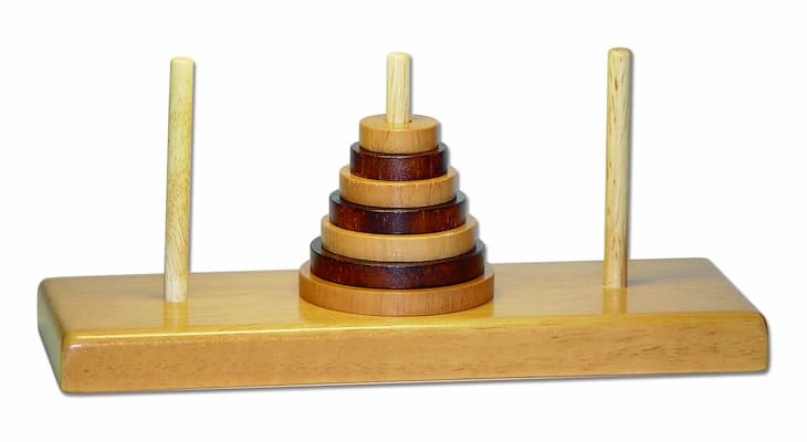A wooden version of the Tower of Hanoi